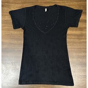 Frenchi Women’s Black Bedazzled Short Sleeve Shirt Size XS NWOT